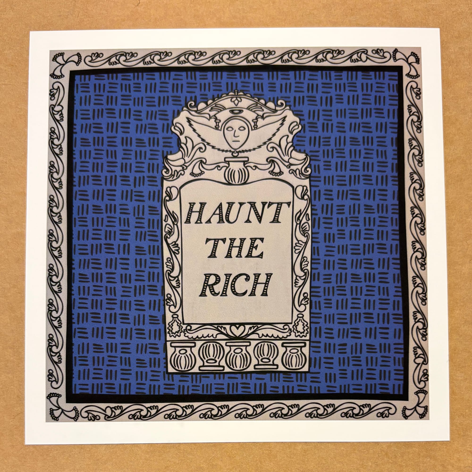 original art by AnneArchy featuring an Edward-Gorey-inspired drawing of an ornate gravestone with the words "haunt the rich" carved into it