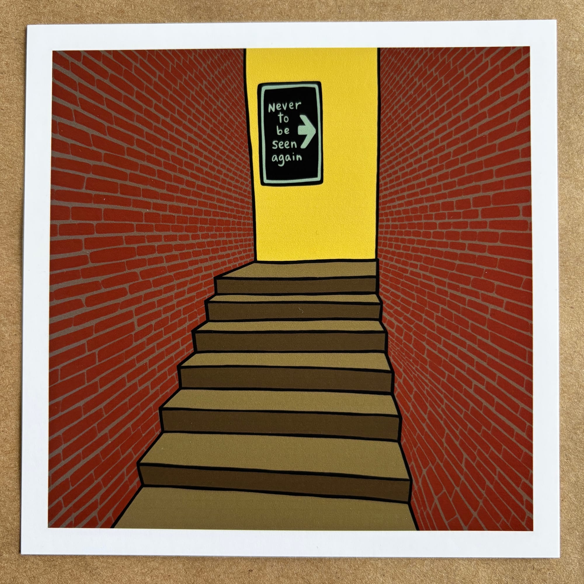 original art by AnneArchy of a liminal space, with a sign pointing around the corner with hand lettering of the words "never to be seen again" on it.