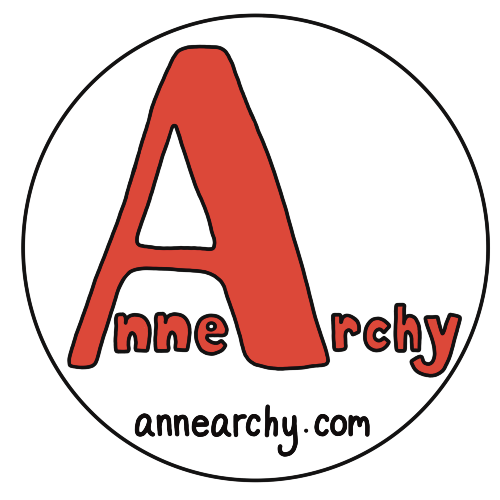 logo for AnneArchy.com with hand drawn lettering of the word "AnneArchy" in red and black